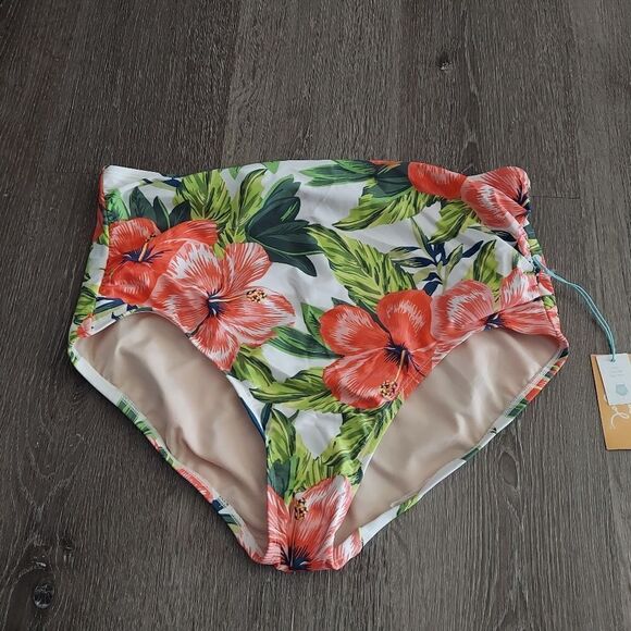 Kona Sol Shirred High Coverage High Waist Floral Bikini Bottoms Swimwear X Large - Picture 1 of 6